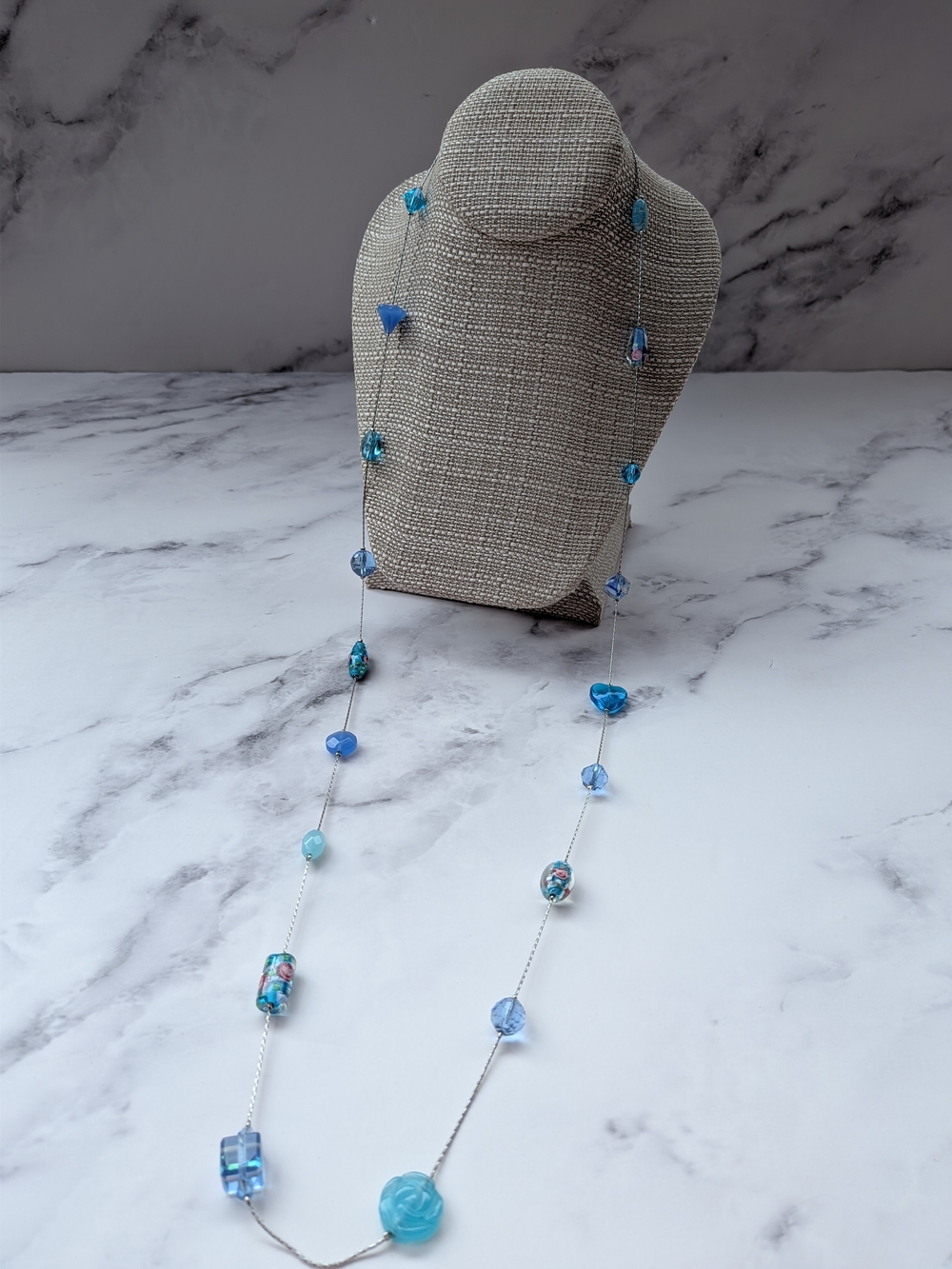 Cookie Lee Blue Lampwork Glass Beaded Station Necklace Floral Crystal